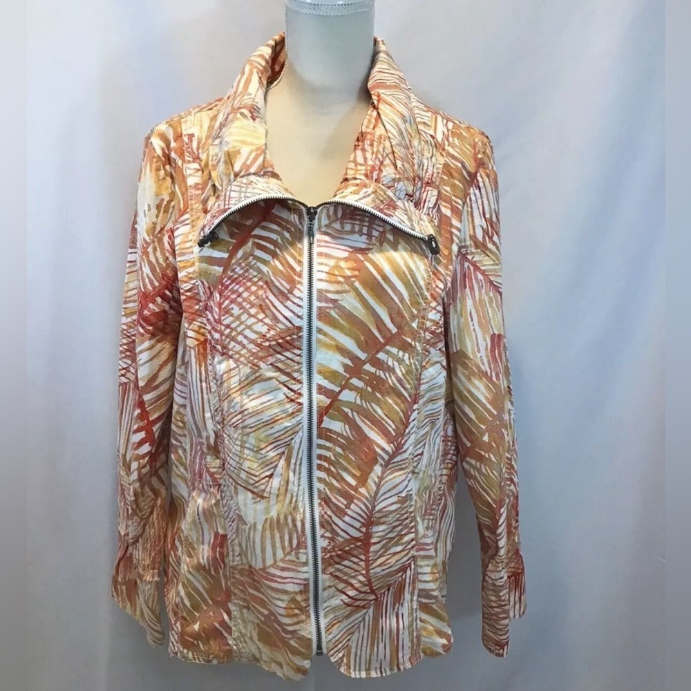 Chico’s 3 Lightweight Orange Tropical Zip Jacket Women’s XL Long Sleeve Cotton